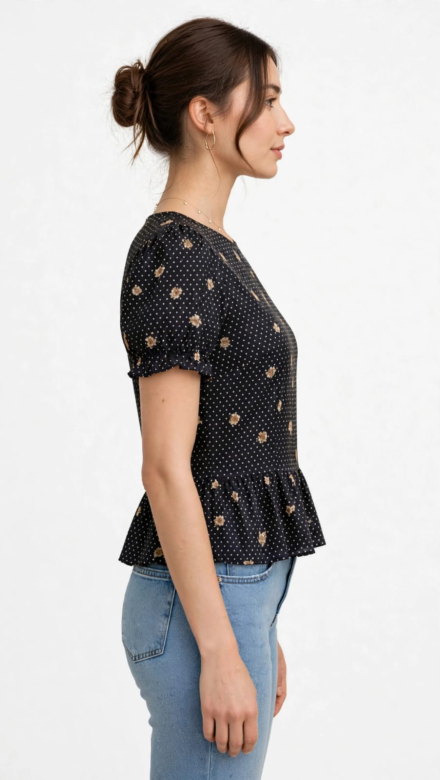 Black Floral Polka Dot Split-Neck Peplum Top