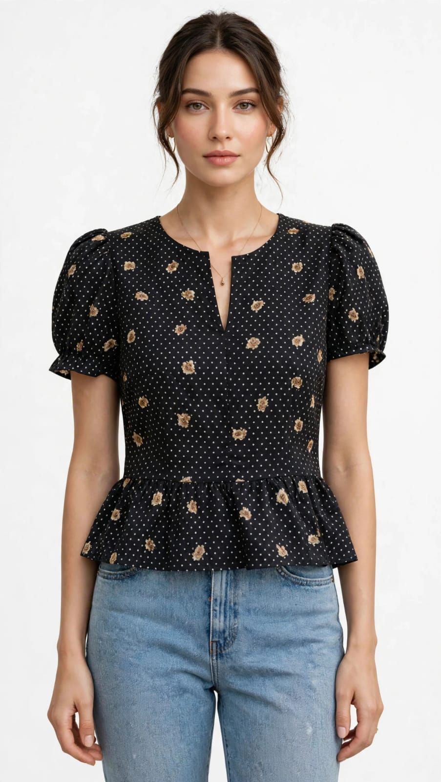Black Floral Polka Dot Split-Neck Peplum Top