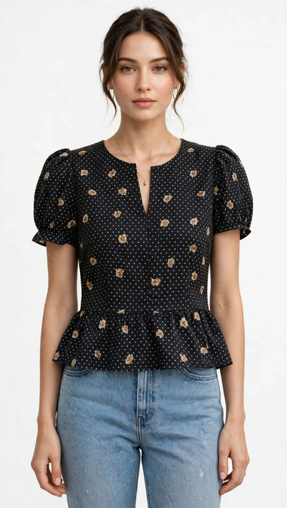 Black Floral Polka Dot Split-Neck Peplum Top