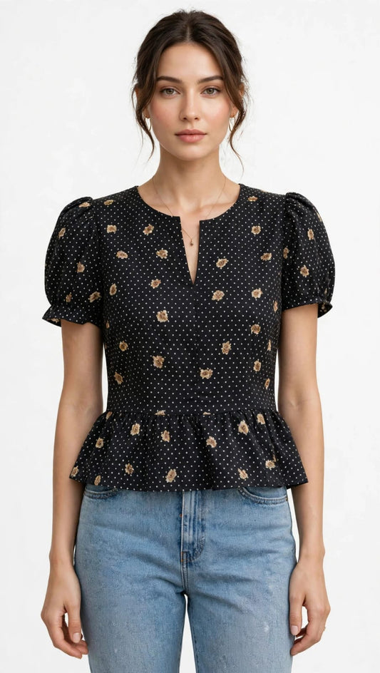 Black Floral Polka Dot Split-Neck Peplum Top