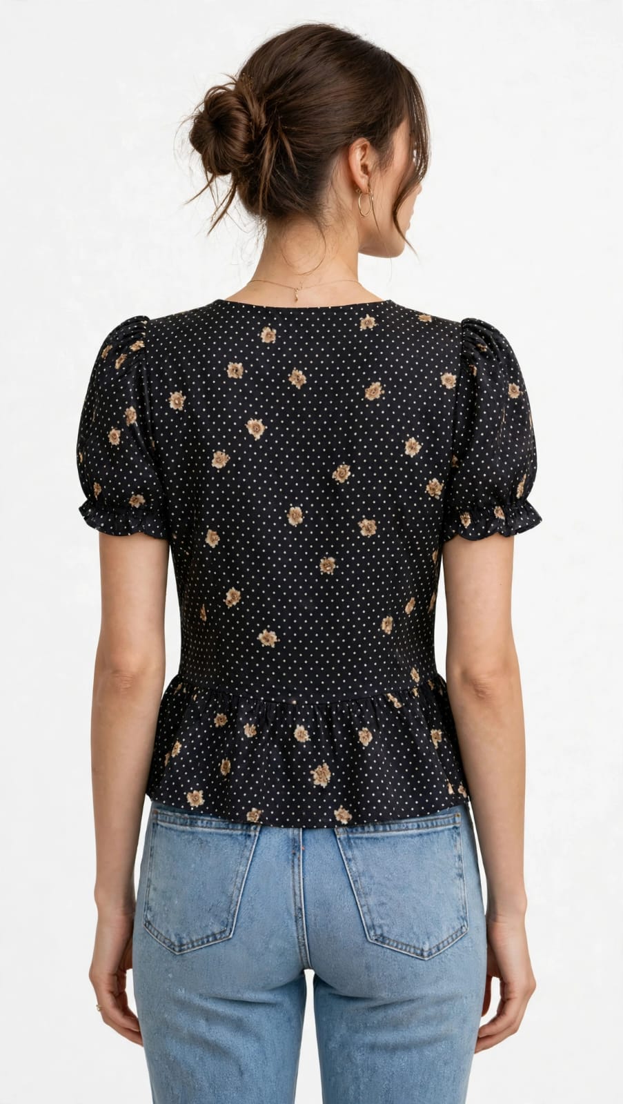 Black Floral Polka Dot Split-Neck Peplum Top